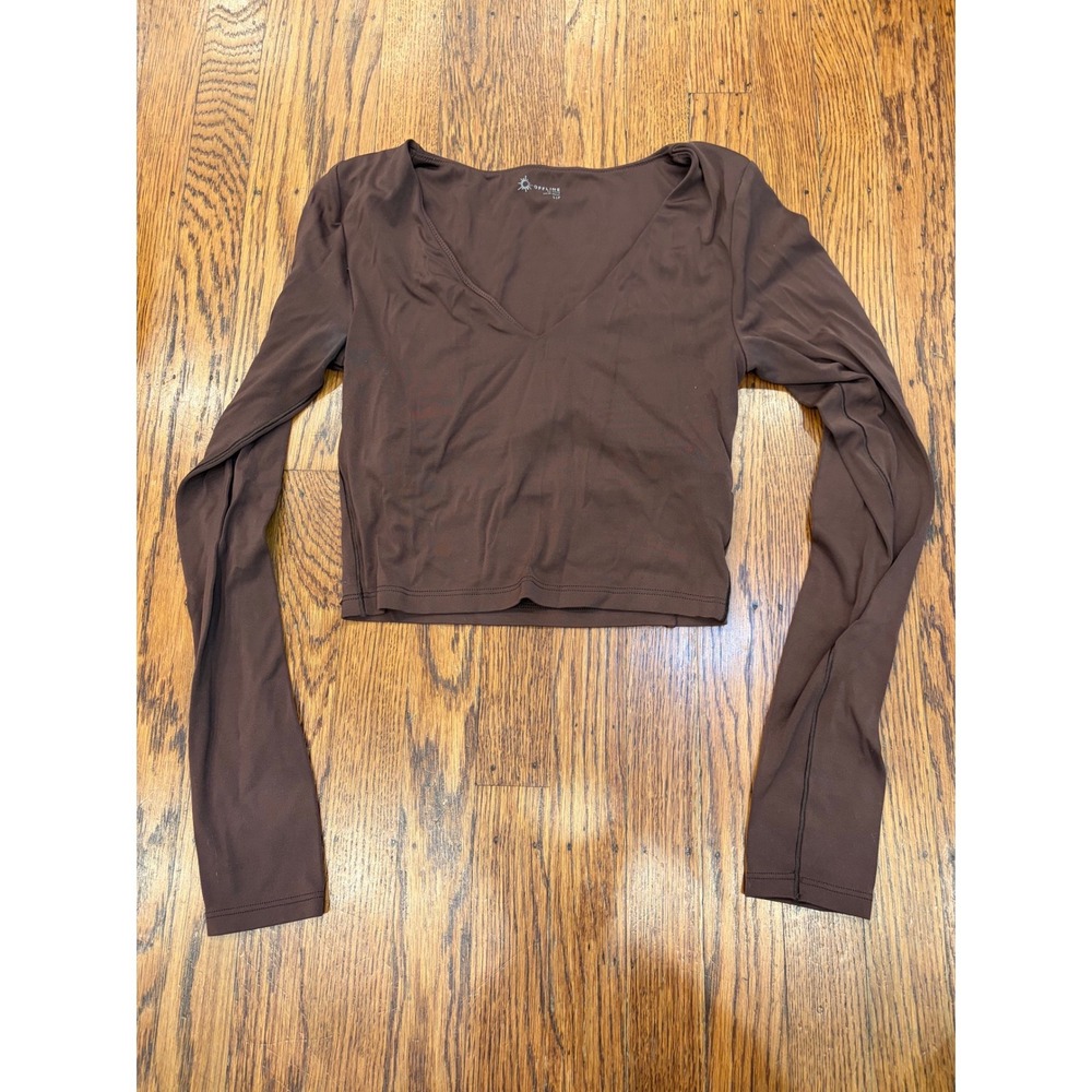 OFFLINE by Aerie Real Me V-Neck Long Sleeve Crop Top Brown Shelf Bra S